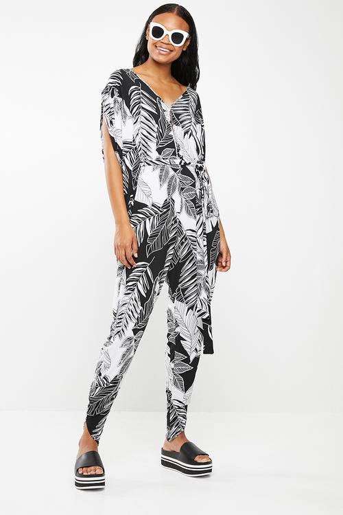 Leaf print jumpsuit - black & white 