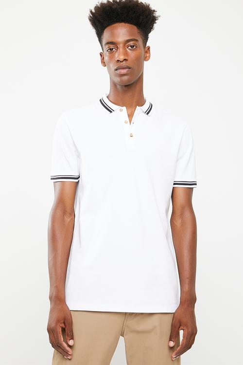 Pique tipped short sleeve slim polo - white 