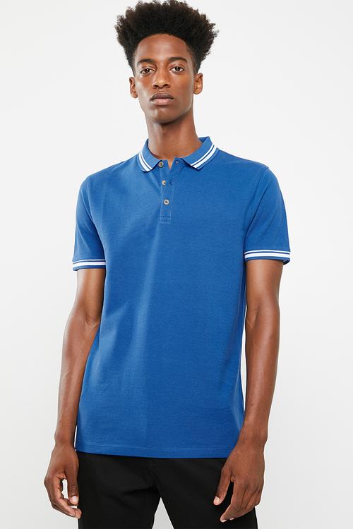 Pique tipped short sleeve slim polo - blue 