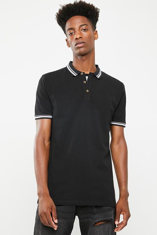 Pique tipped short sleeve slim polo - black