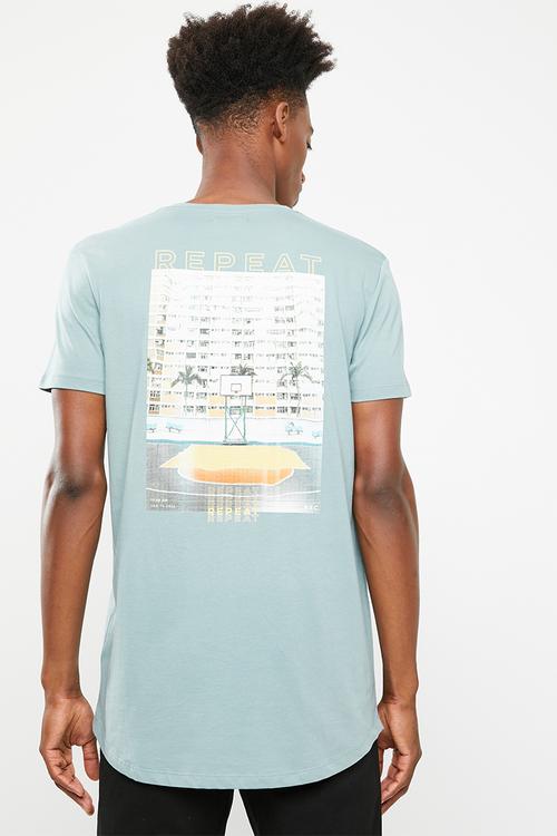 Curved hem printed longline tee - blue