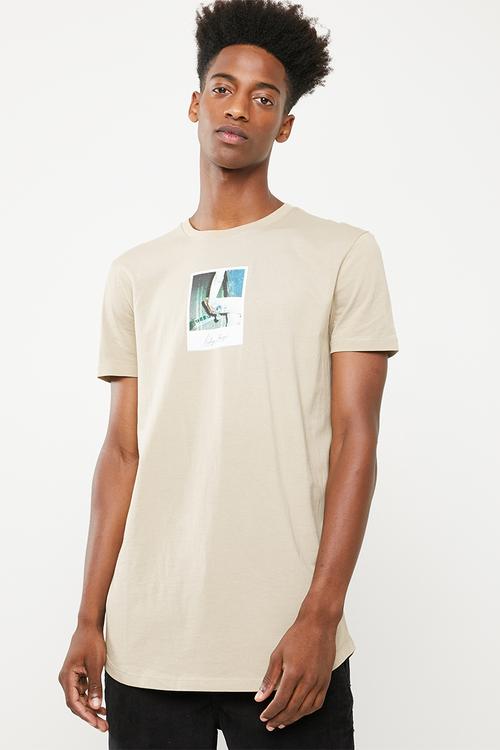 Curved hem printed longline tee - beige
