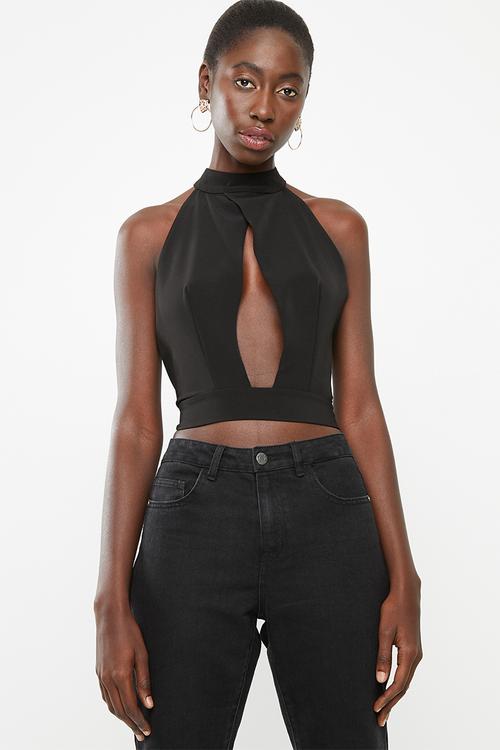 Cross front crop top - black