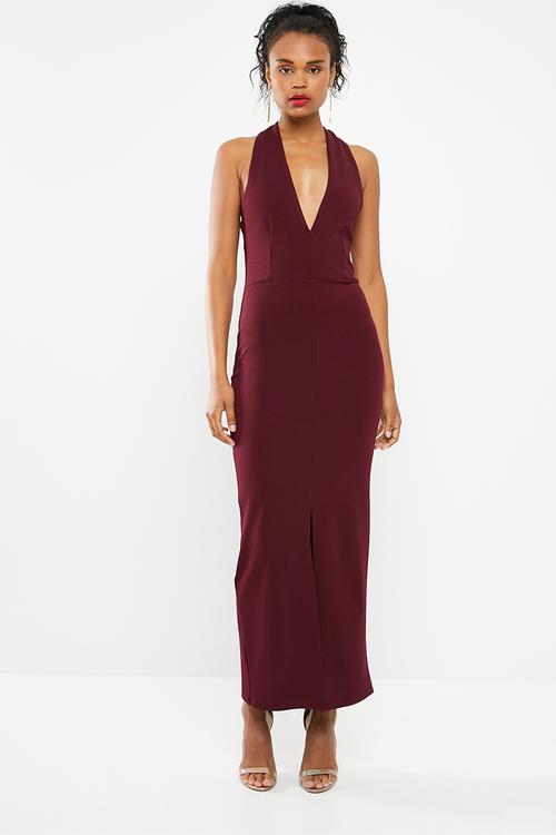 Low cut halter neck dress with slit detail - burgundy
