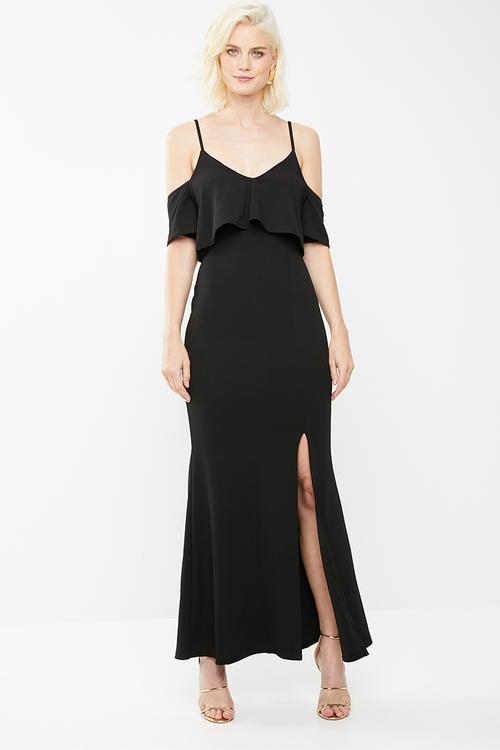 Strappy frill fishtail dress - black