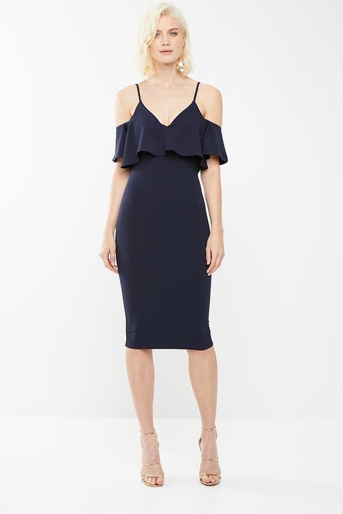 Frill cold shoulder midi dress - navy