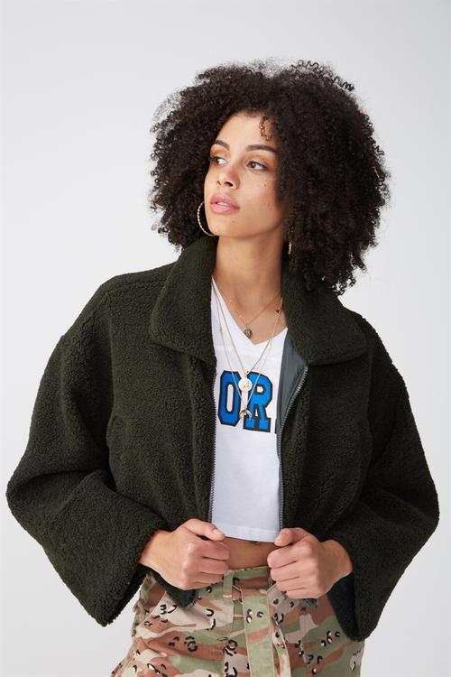 Cropped teddy jacket - khaki 