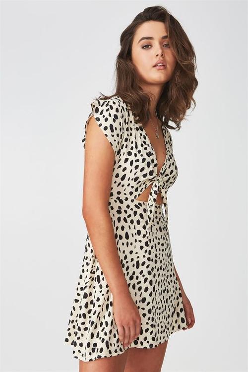 Sunset tie front dress - cream & black 