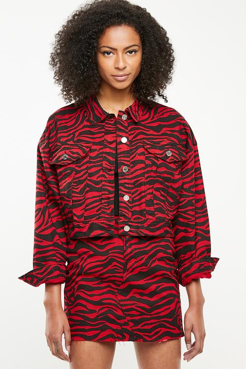 Zebra print cropped denim jacket- red