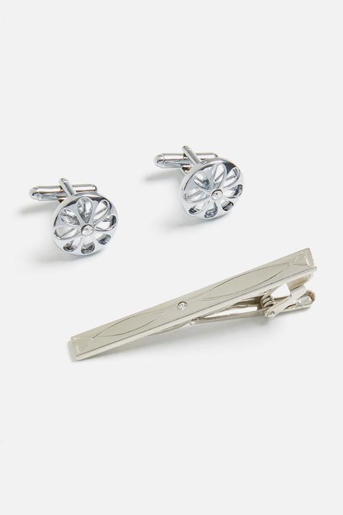 Detail tie pin and cufflinks set - silver