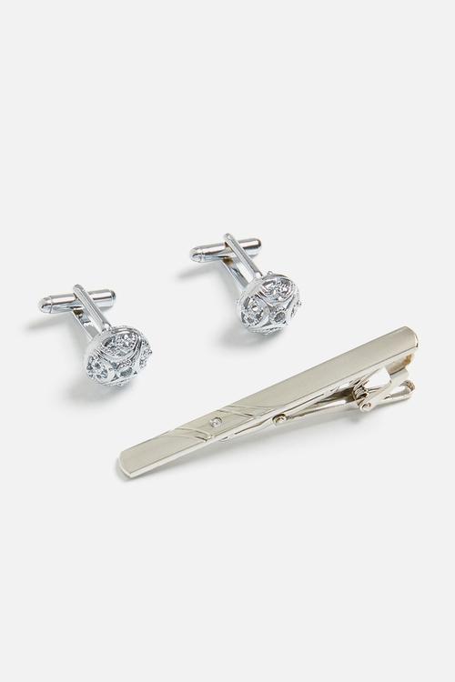 Tie pin with round cufflinks set - silver