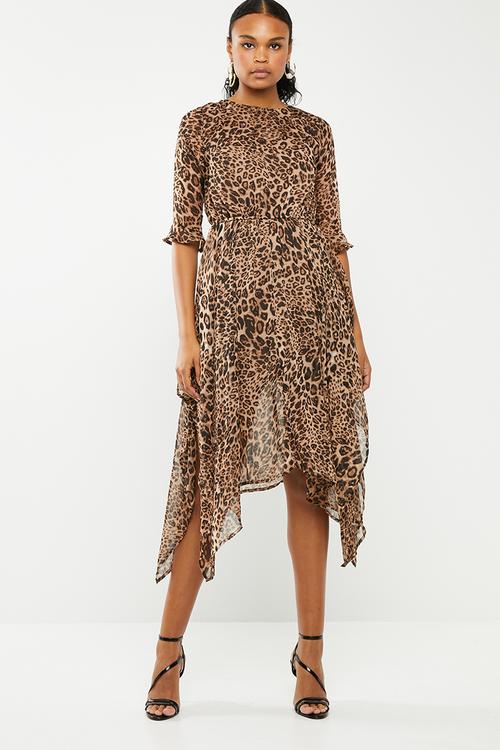 Chiffon asymmetric hem midi dress - brown