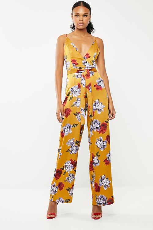 Floral wide leg tie waist jumpsuit - yellow
