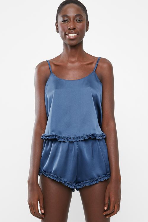 Ruffle satin cami pyjama short set - navy