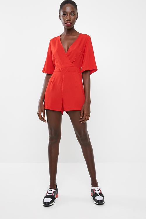 Plain tie back playsuit - red