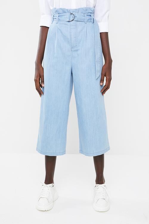 Soft denim pants with tie belt - blue