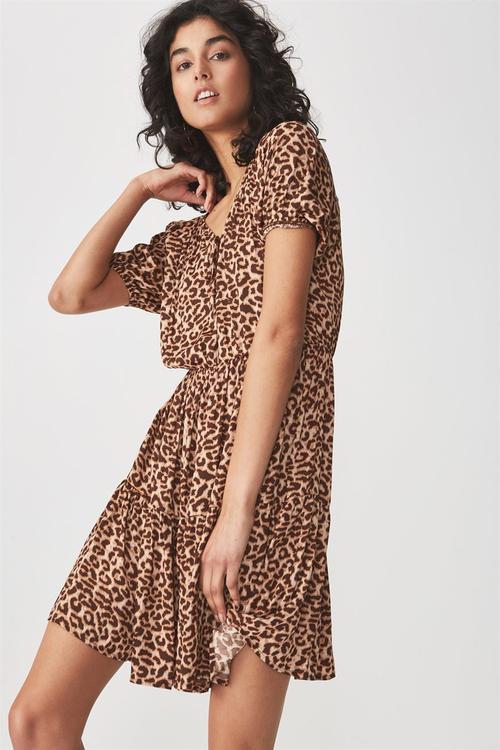 Woven satin button up tea dress - leopard tan