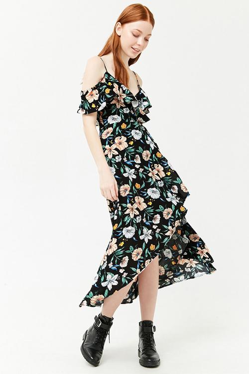 Floral high low maxi dress - black