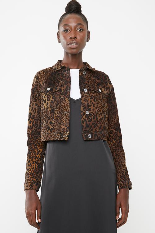 Leopard cropped denim jacket - brown
