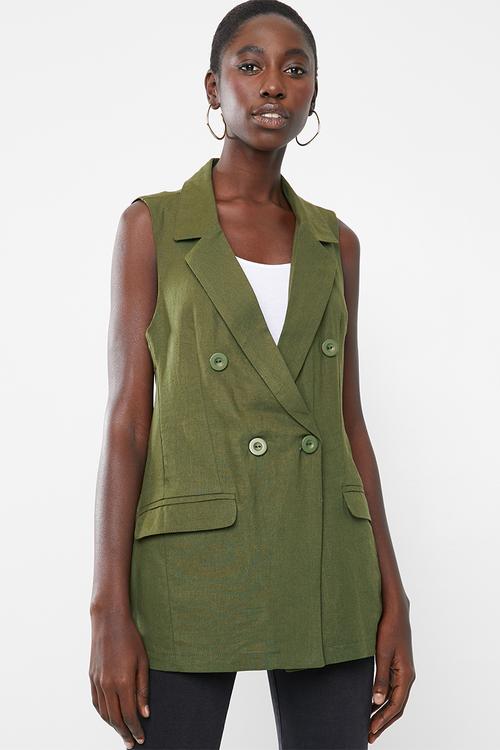 Sleeveless double breasted linen blend blazer - olive