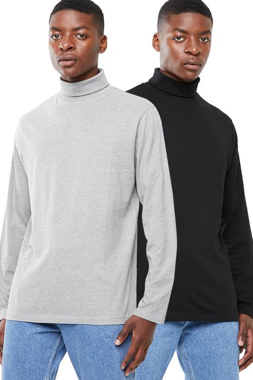 Plain roll neck 2 pack tees - black/grey