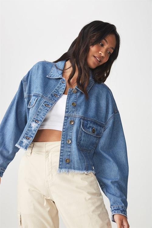 Cropped batwing denim jacket - blue