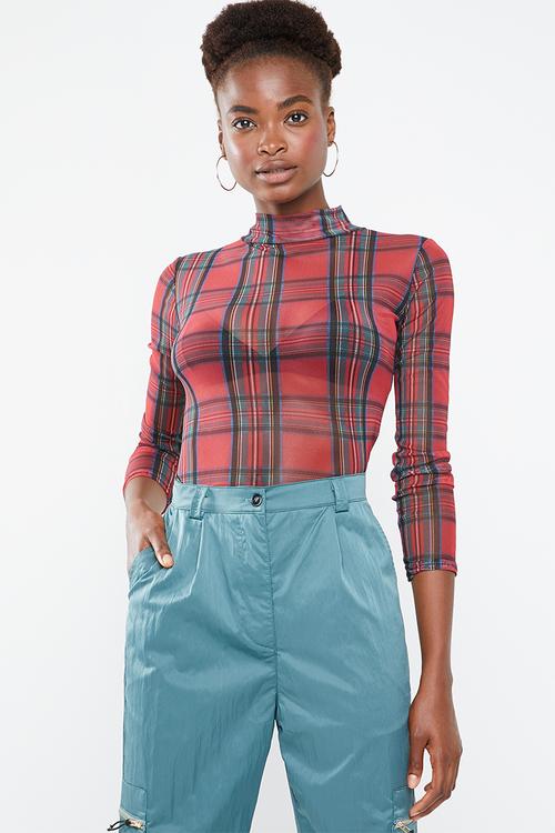 High neck tartan mesh bodysuit - multi