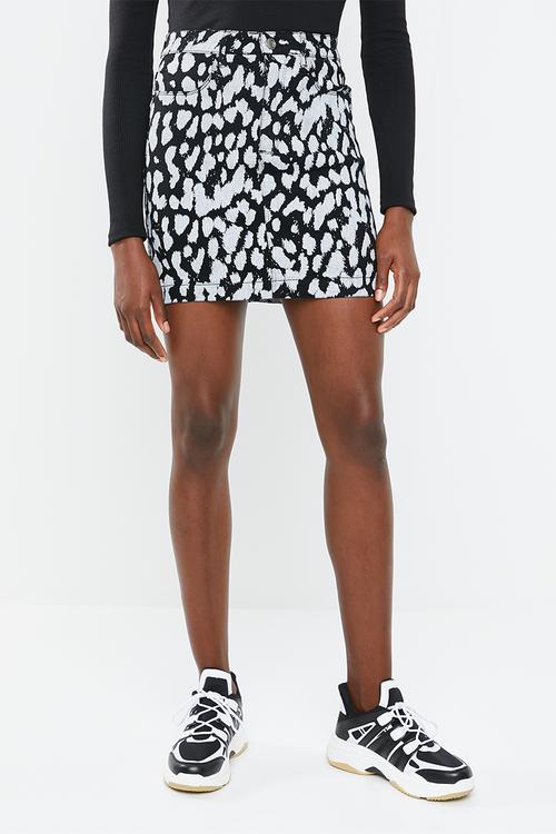 Mono leopard super stretch denim skirt - black & white