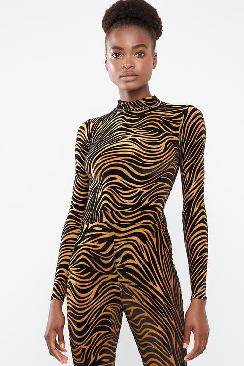 Zebra velvet high neck bodysuit - rust