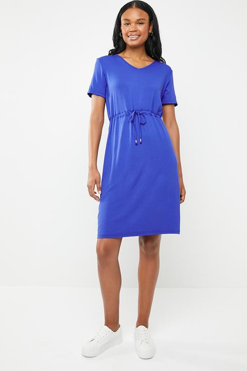 Short sleeve dress with draw-chord - blue