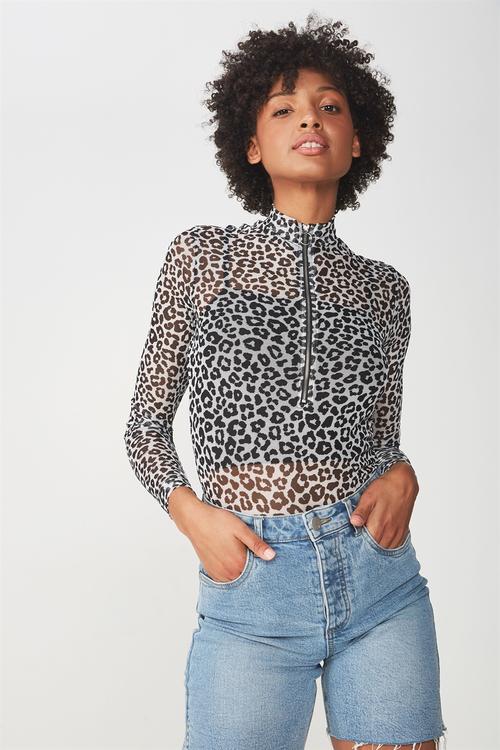 Mesh long sleeve top - black & grey 