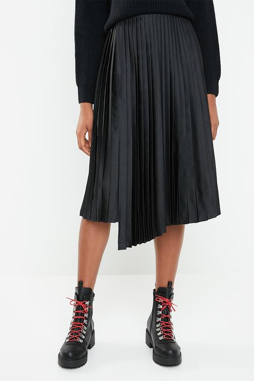 Wrap pleated midi skirt - black