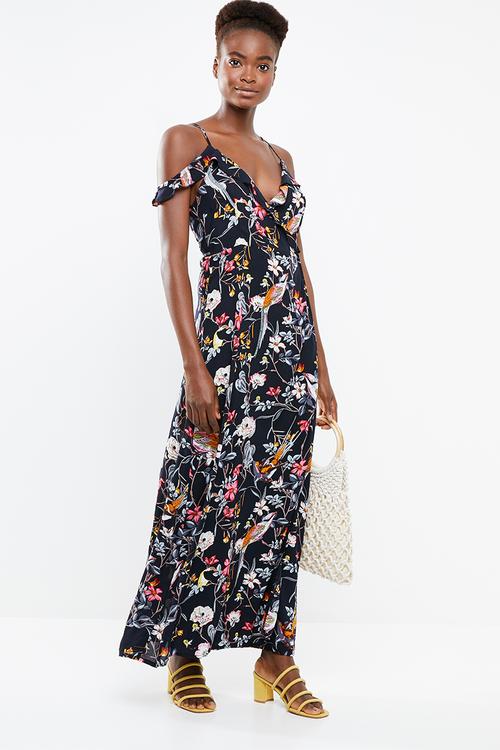 Floral maxi with spaghetti strap dress - navy