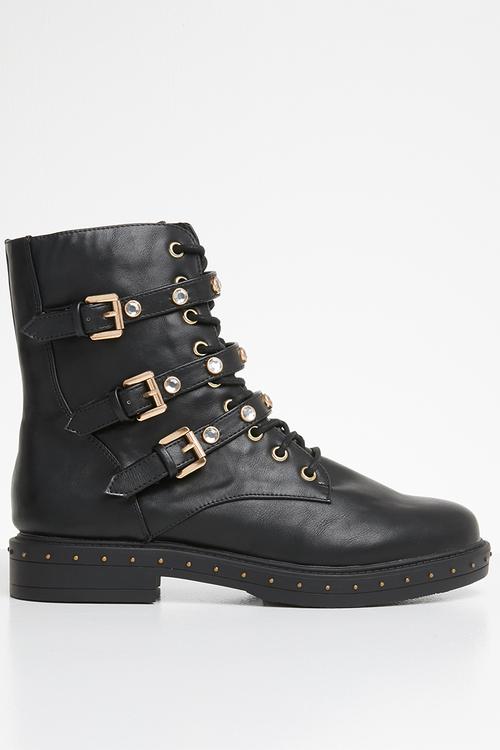 Triple strap mid embellish hiker boot - black