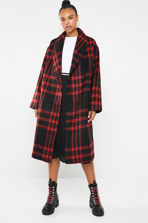 Check shawl collar coat - red & black