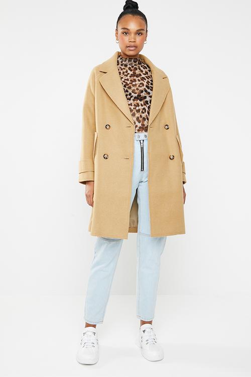 Double breasted raw edge cocoon coat - brown