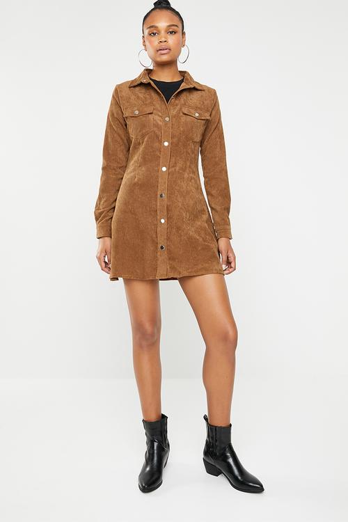 Corduroy skater shirt dress - rust