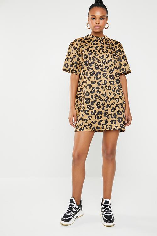High neck T-shirt dress leopard - tan & black
