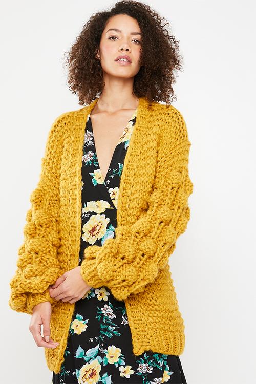 Hand knitted bobble chunky cardigan - mustard