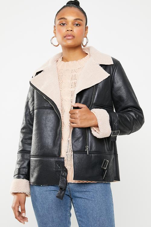 Contrast borg aviator jacket - black