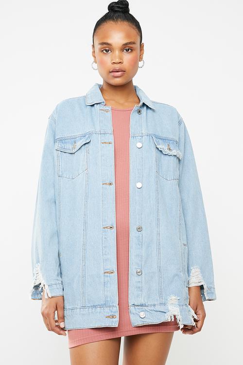 Longline distressed denim jacket - blue