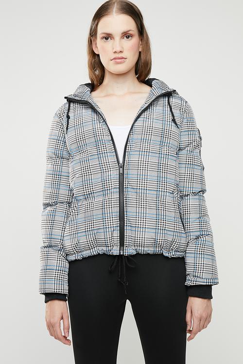 All over check padded jacket with hood - blue