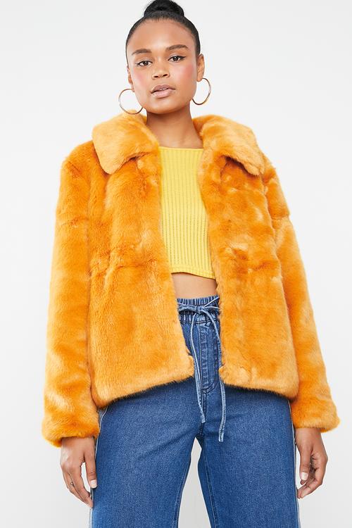 Faux fur collar crop coat - yellow