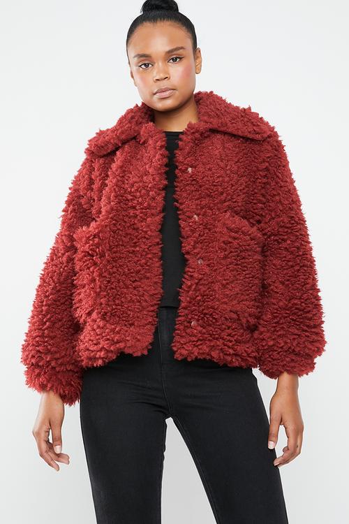 Boxy shaggy borg jacket - red