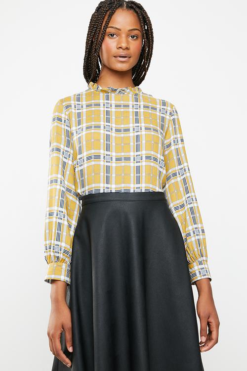 frill neck blouse - check