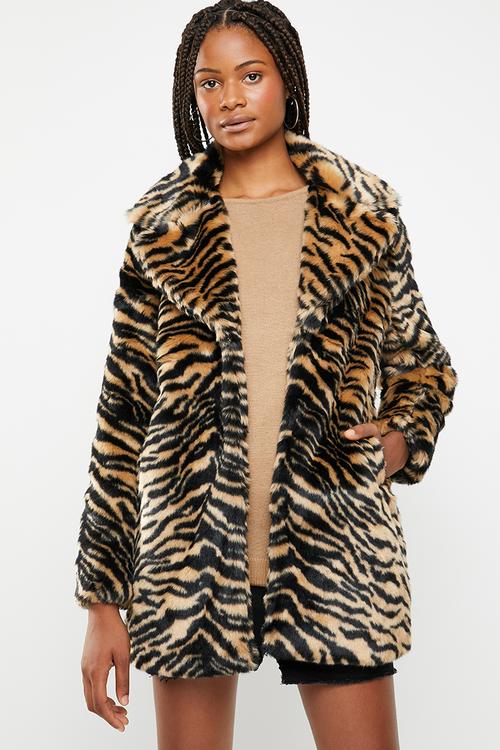 Faux fur tiger coat - black & tan