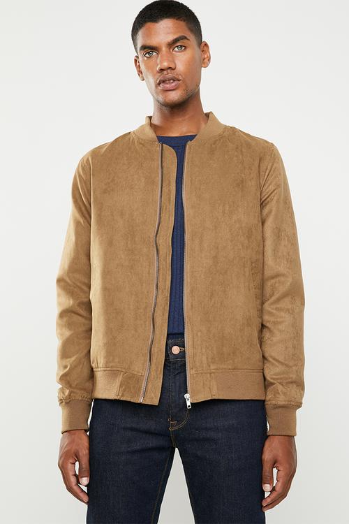 Lined faux suede bomber jacket - brown