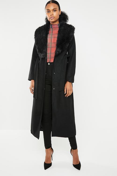 Maxi wool-like coat with detachable collar - black