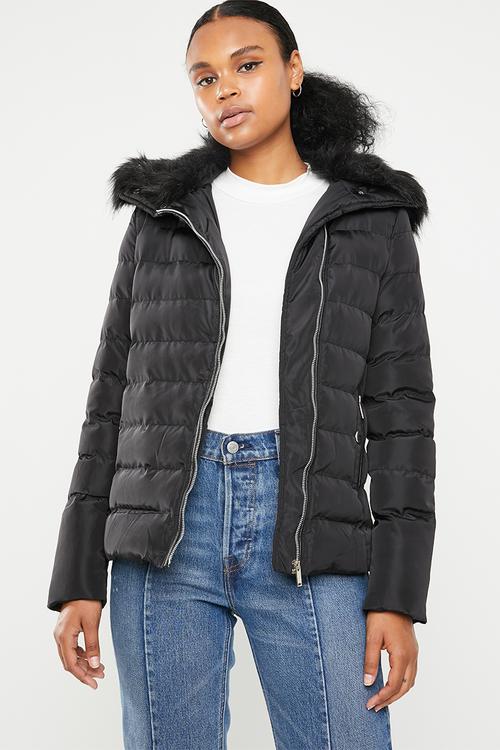 Padded jacket with detachable faux fur collar - black