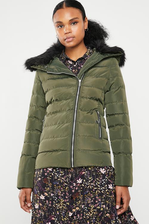 Padded jacket with detachable faux fur collar - khaki